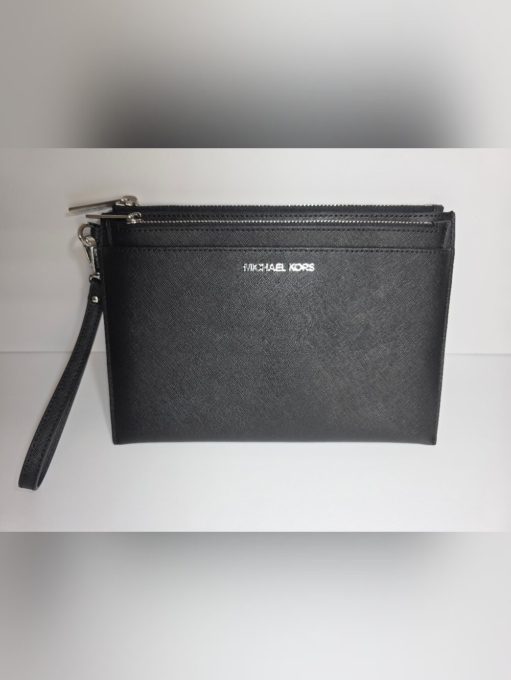 Michael Kors Double Zip Wristlet in Black Saffiano Leather with Silver Hardware